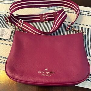 NWT Kate Spade Small Dark Raspberry Crossbody Bag With Striped Strap